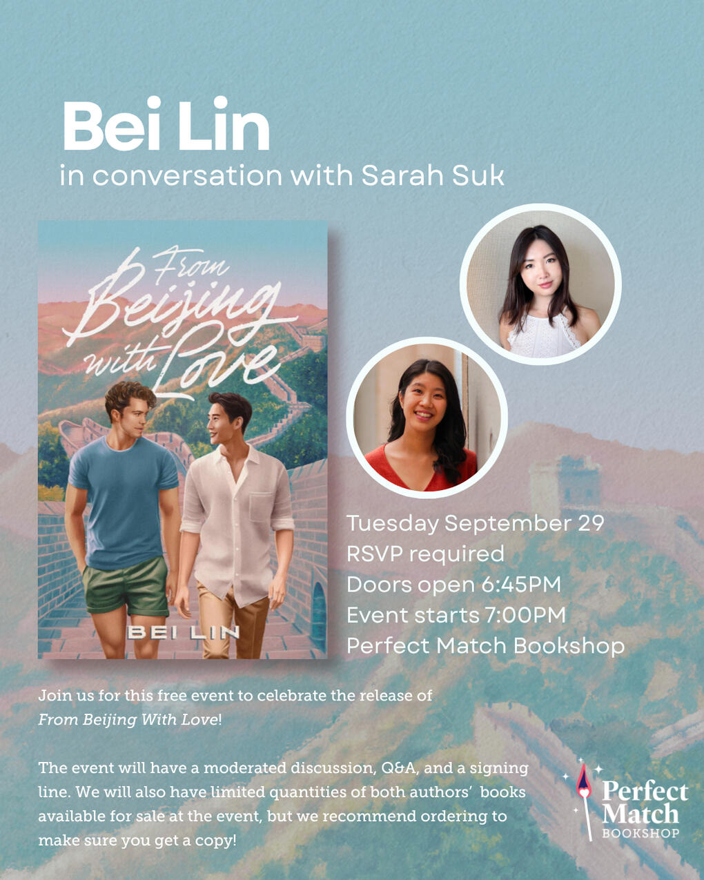 From Beijing, With Love: A Novel - Book Cover - Author Bei Lin - Cover design by Débora Islas Book cover for From Beijing, With Love by the author Bei Lin - critically acclaimed LGBTQIA+ contemporary romance novel with starred trade reviews from Kirkus and publishers weekly - Release Date September 29, 2026 - Cover depicts the two main characters s
